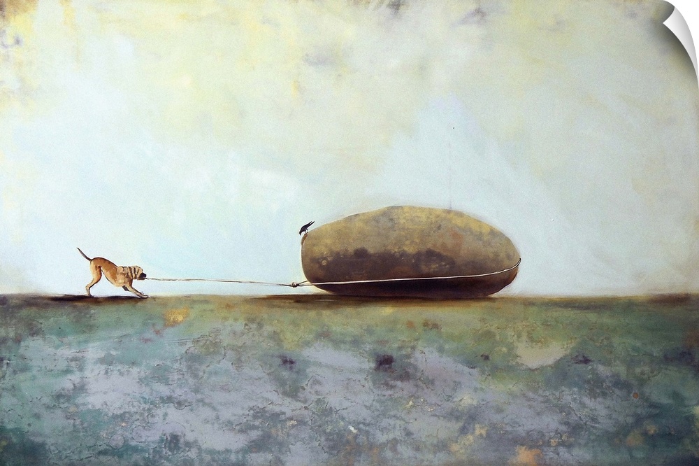 Contemporary surrealist painting of a dog trying to pull a boulder with a rope.