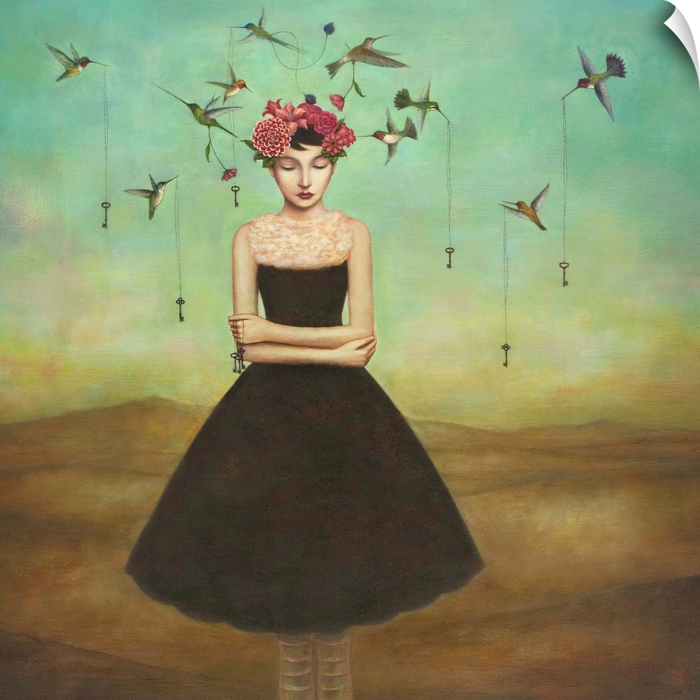 Contemporary surreal artwork of a woman with a flower crown and small birds circling her.