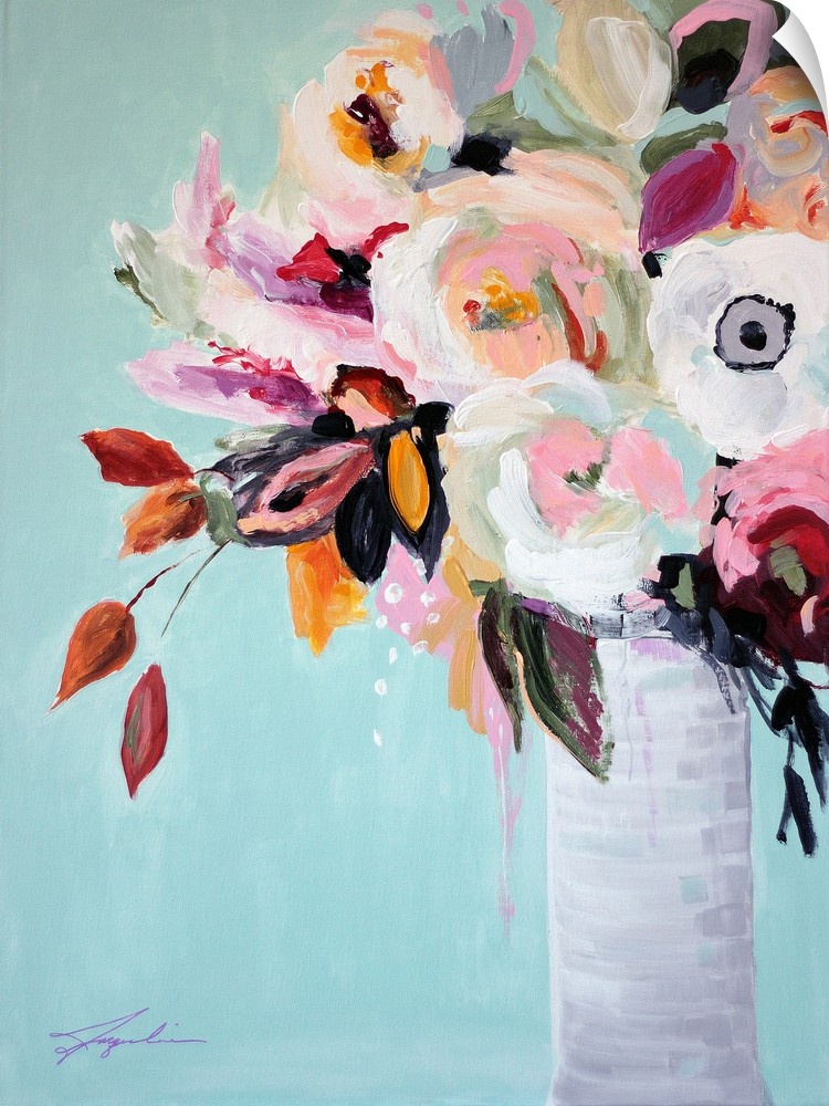 A contemporary painting of a vase of flowers in pastel colors.