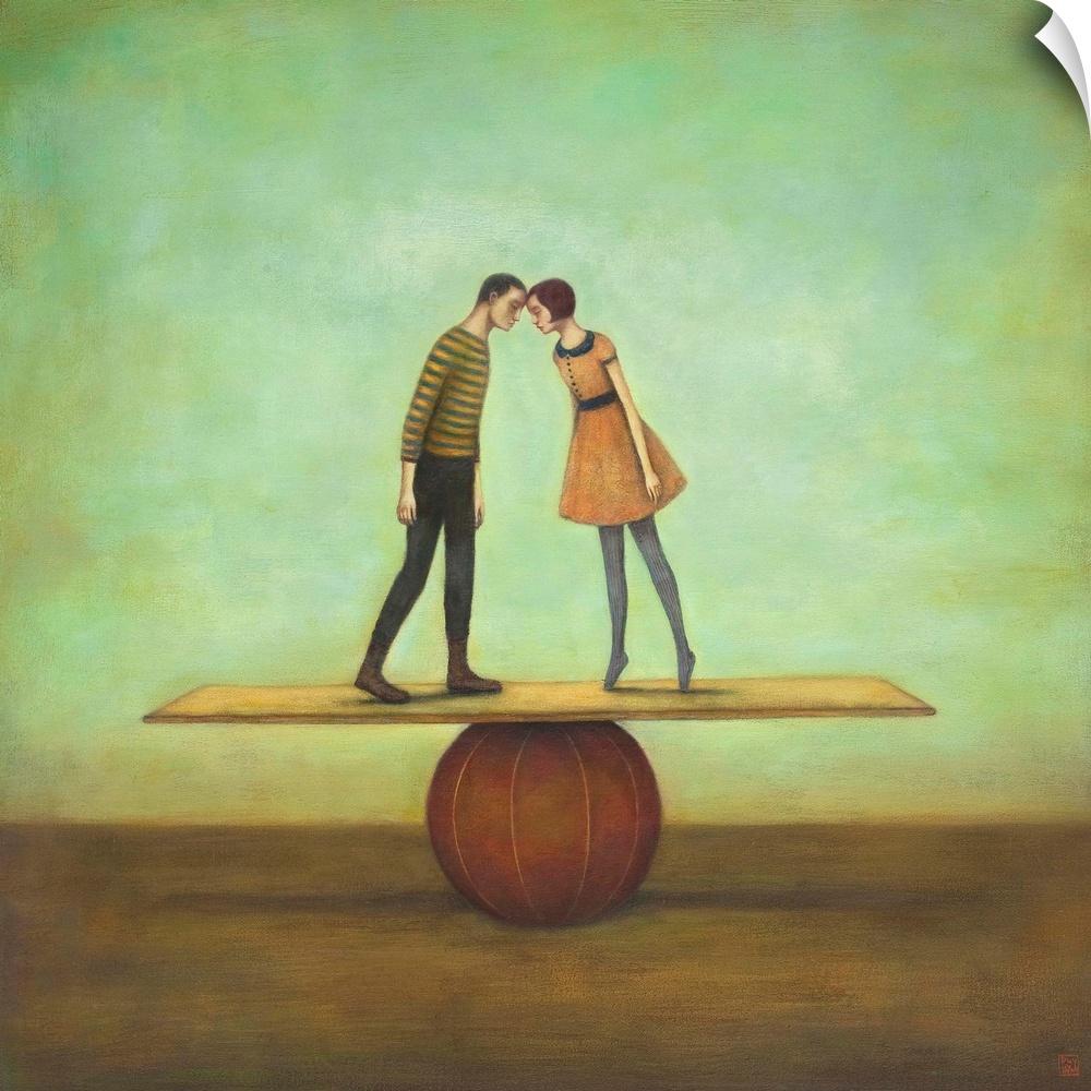Contemporary surreal artwork of a woman and man kissing on a plank balancing on a red ball.