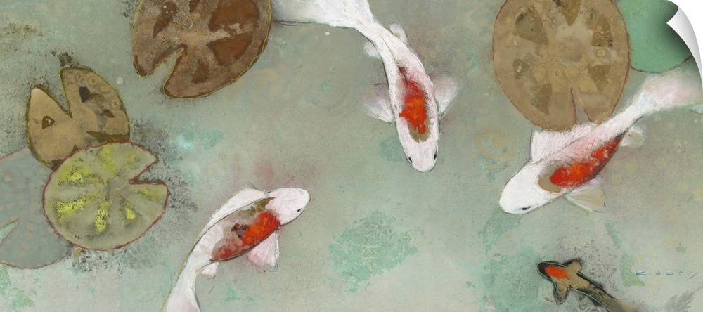 Contemporary painting of white and orange koi swimming amid lily pads in a shallow pond.