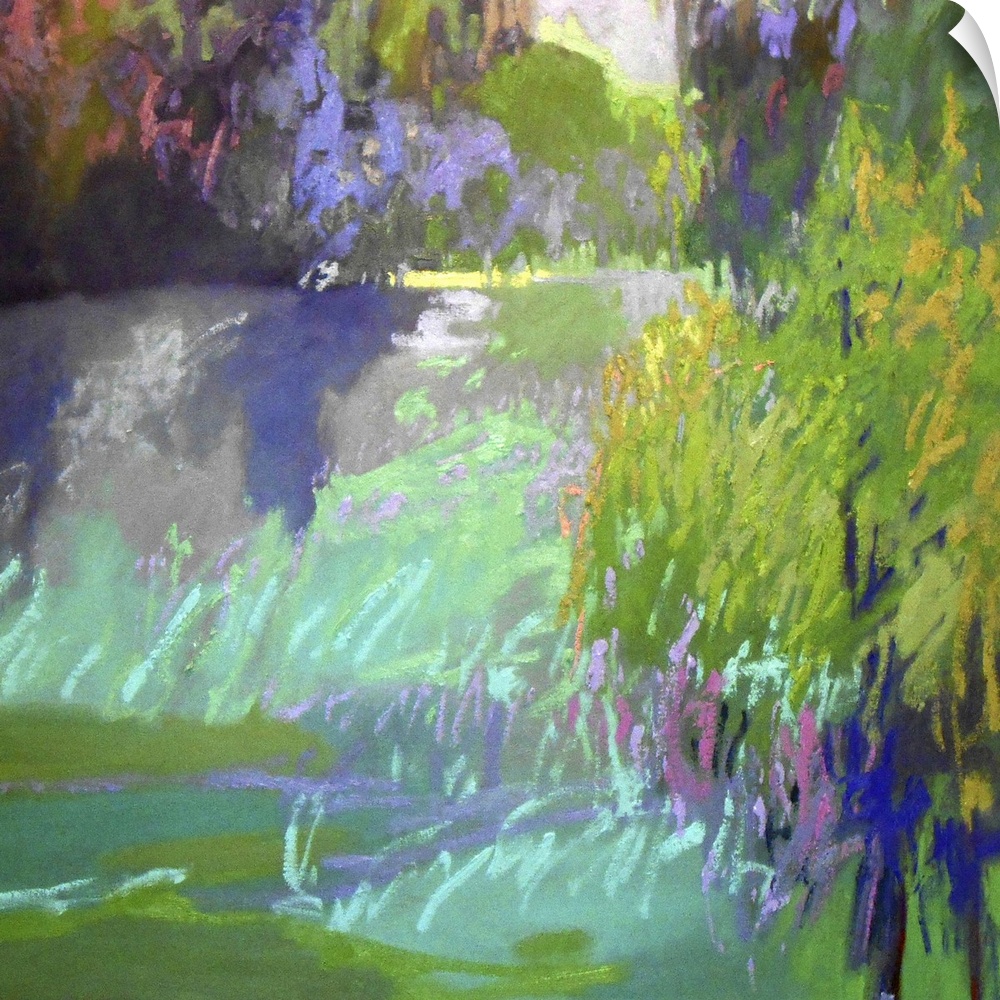 Colorful contemporary landscape painting using vibrant tones of green.