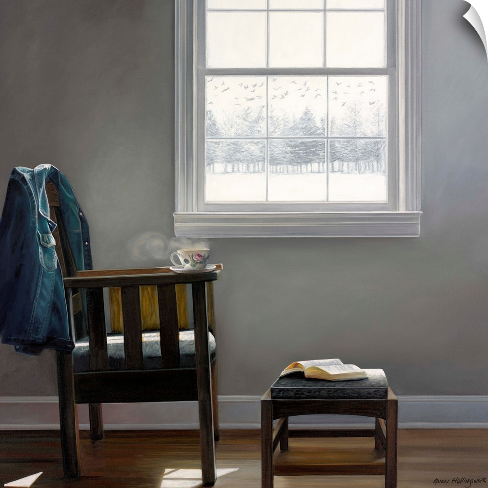 Contemporary still life painting of a coat on a chair next to an open window with a snowy landscape outside.