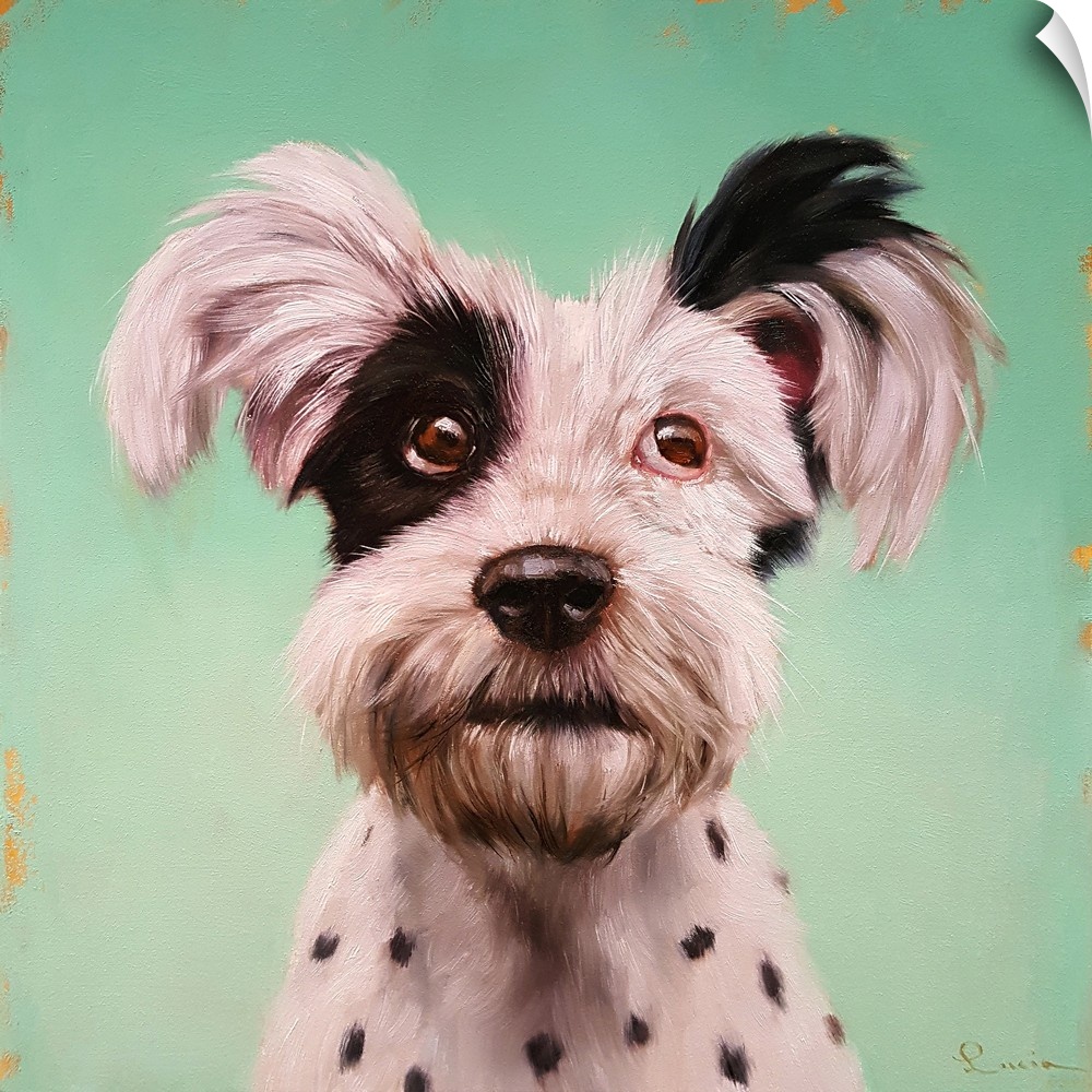A contemporary painting of a terrier against a green backdrop.