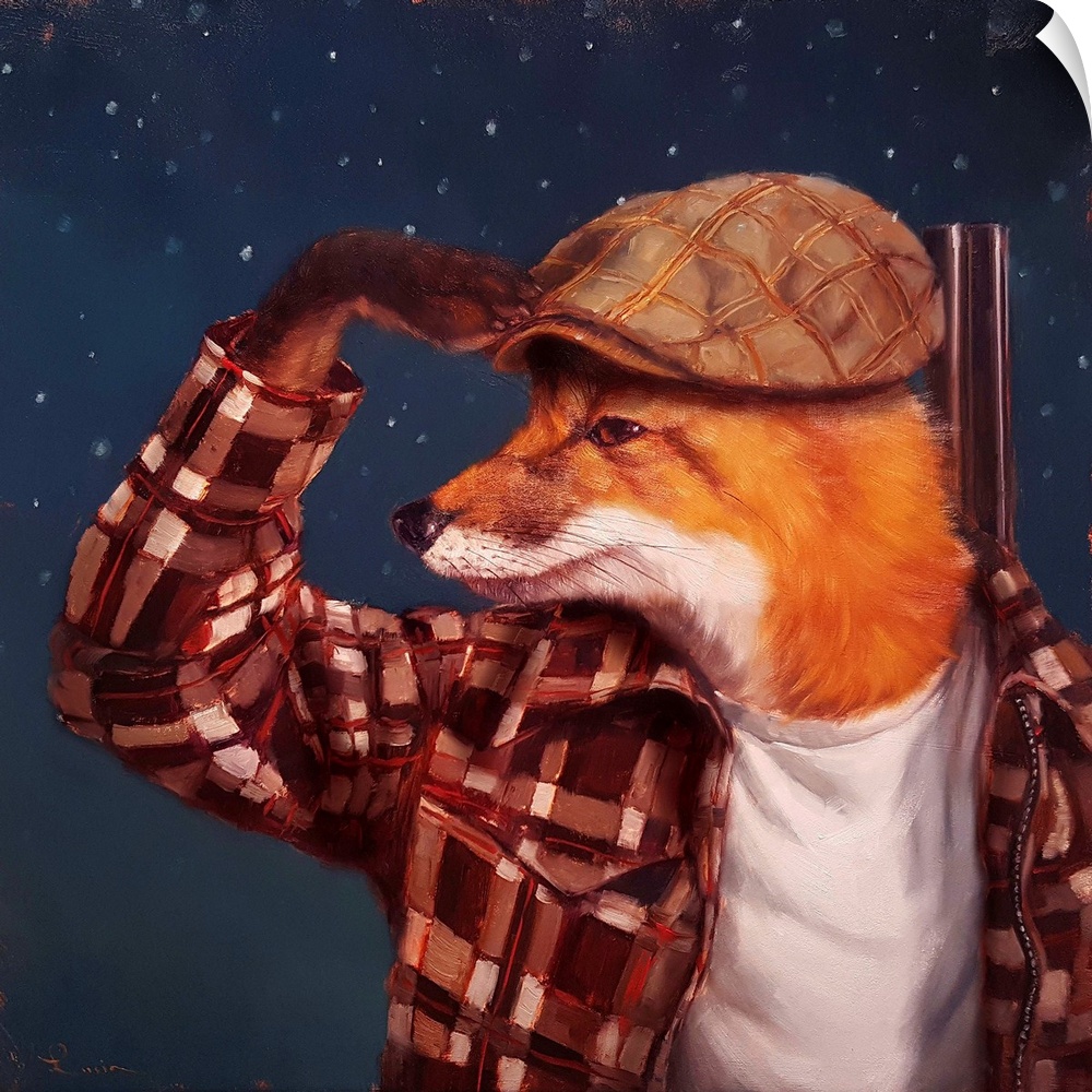 A contemporary painting of a fox in a plaid outfit.