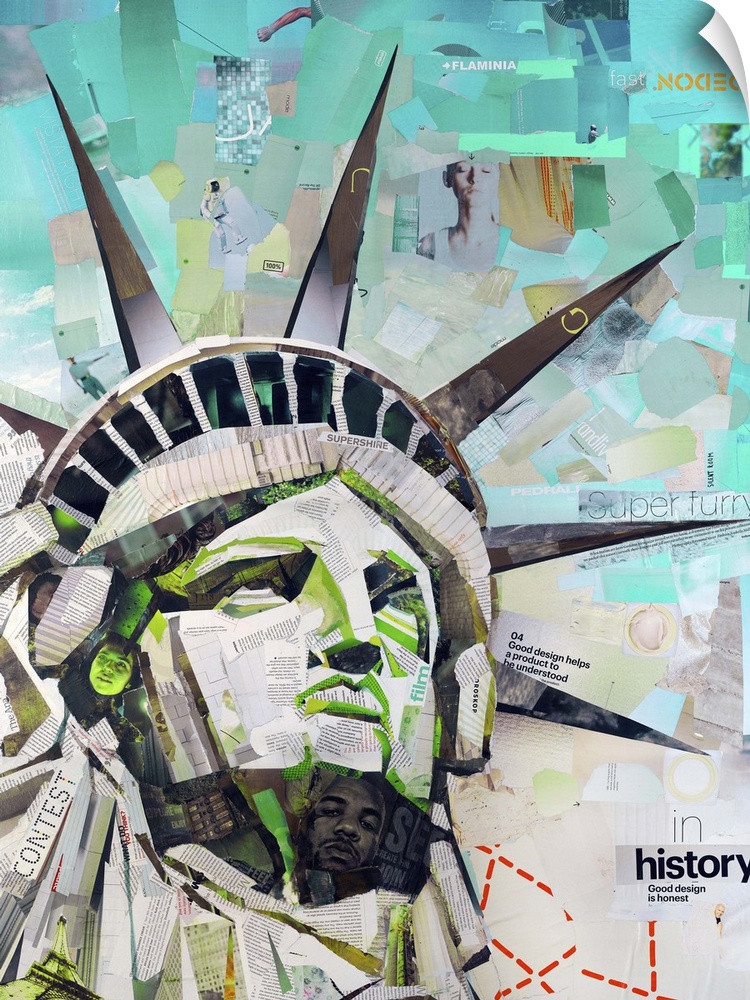 Mixed media artwork of the statue of liberty made from cut magazine and book pages.