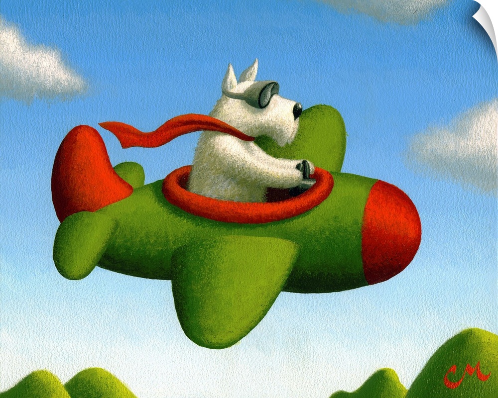 Painting of a dog wearing a scarf and flying an airplane.