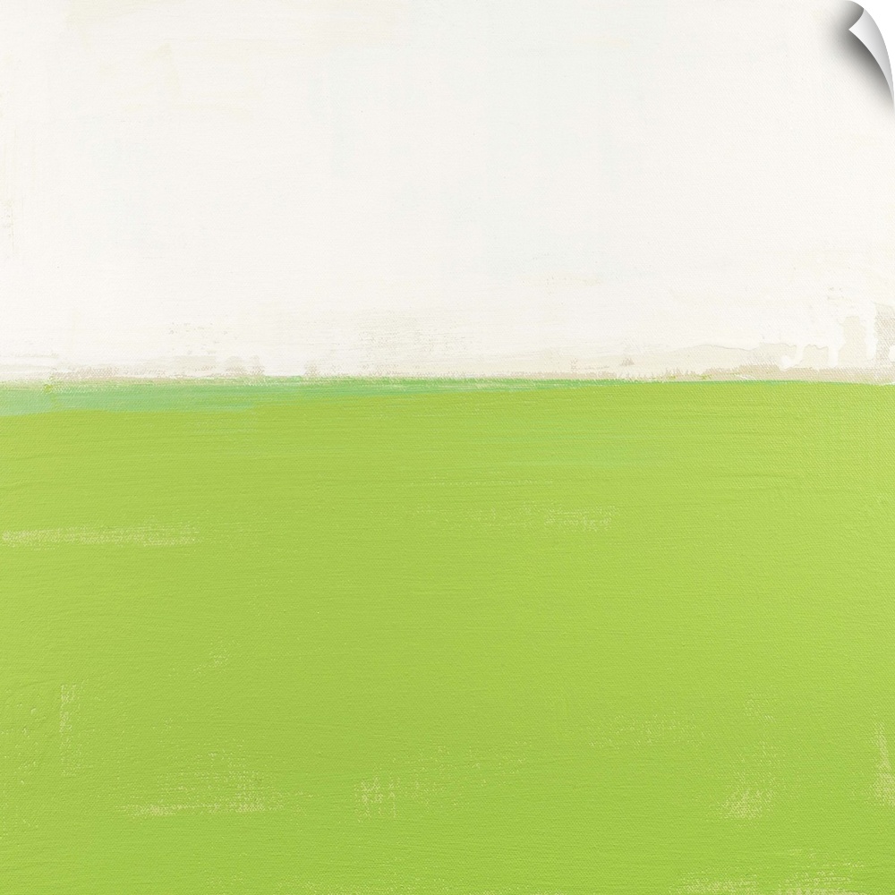 Contemporary abstract colorfield painting using light green and white in a distressed style.