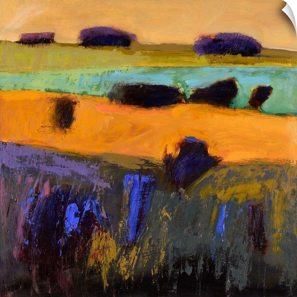 A square abstract of a landscape of rolling hills painted in vibrant colors.