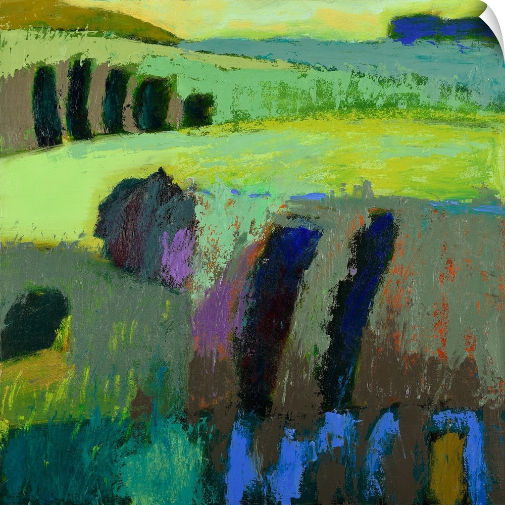 A square abstract of a landscape of rolling hills painted in vibrant colors.