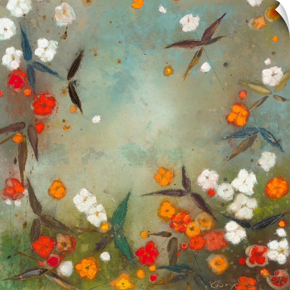 Contemporary painting of garden flowers in white red and orange.
