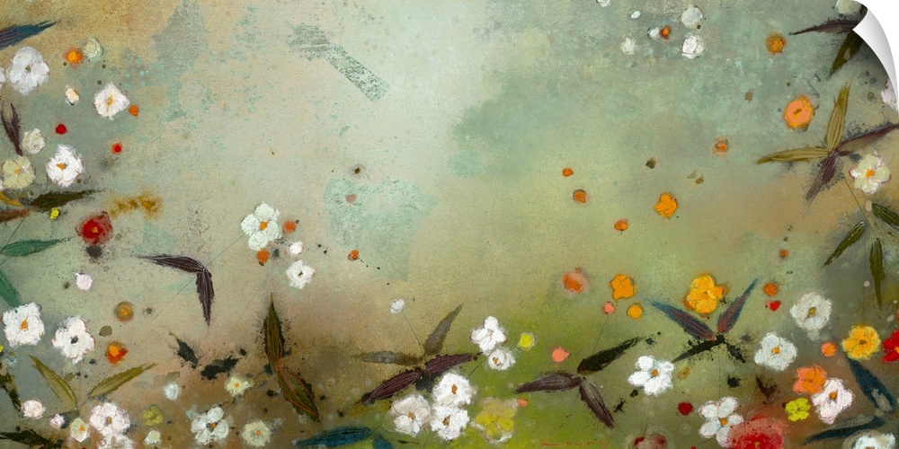 Contemporary painting of garden flowers in orange red and white.