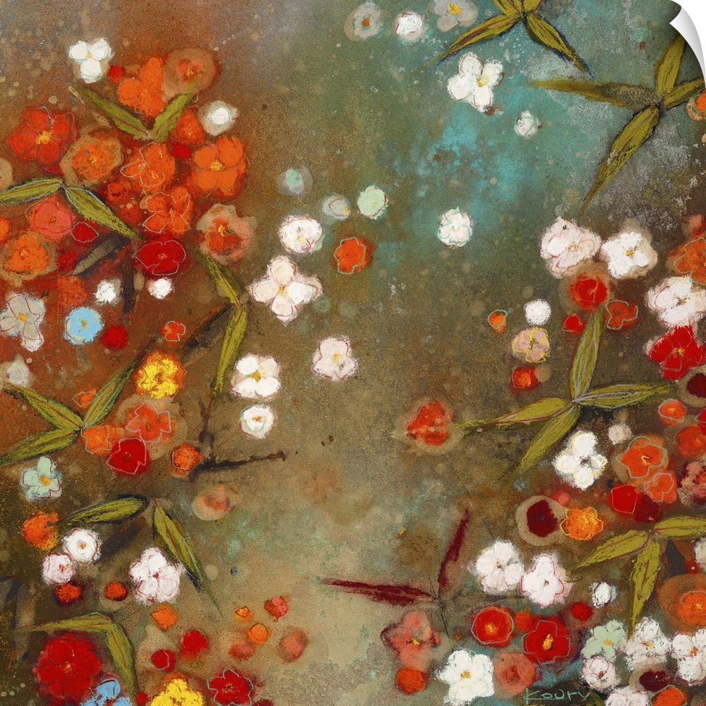 Contemporary painting of vibrant orange flowers mixed with bright white flowers.