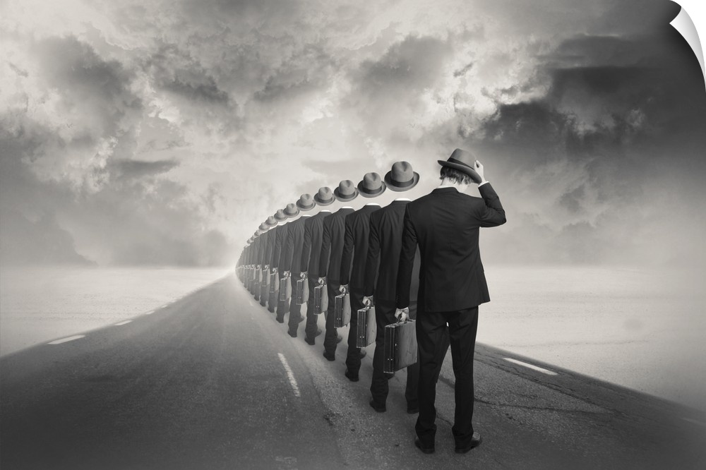 An abstract art photograph of a man in a suit standing behind a row of hollow suits in a row. Standing on an empty road.