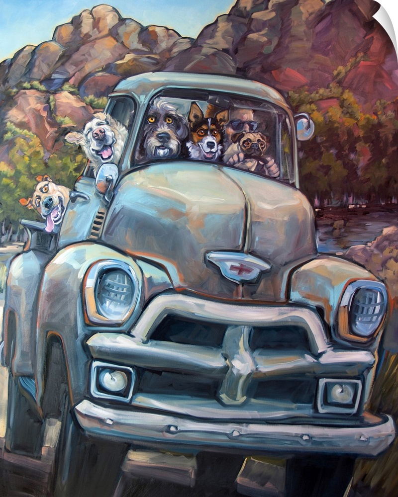 Thick brush strokes create a humorous scene of a dogs riding in a truck on a country road.