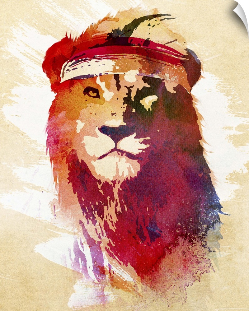 Contemporary double exposure artwork of a lion wearing a headband.