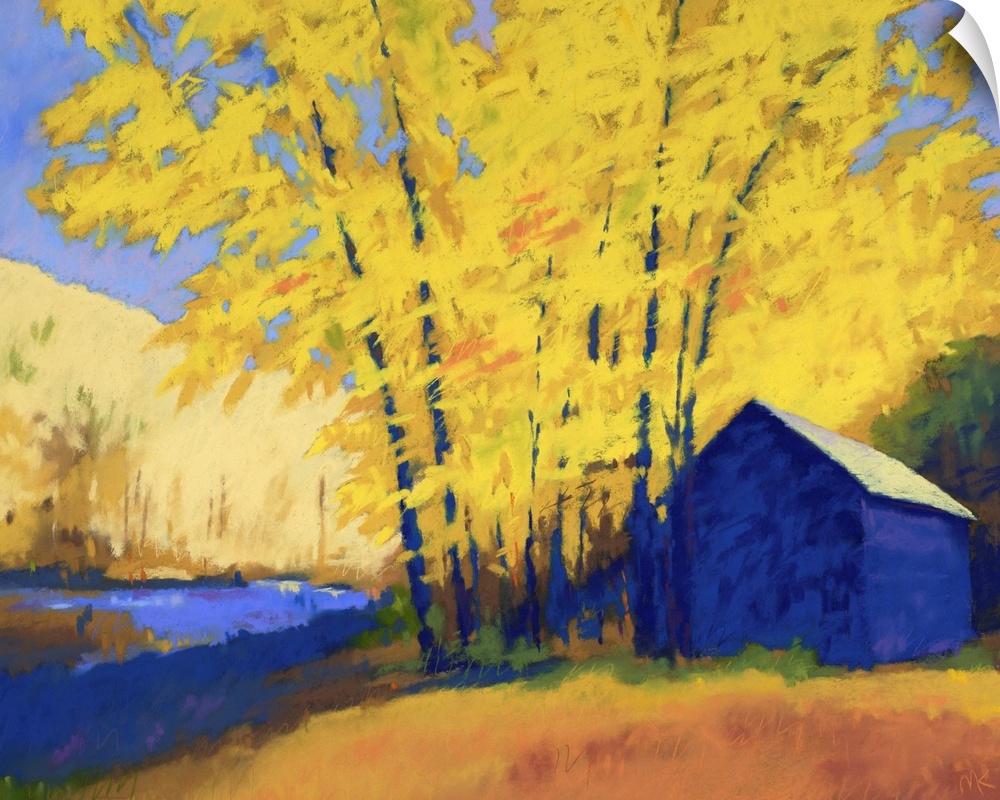 A contemporary painting of a building and trees with yellow leaves.
