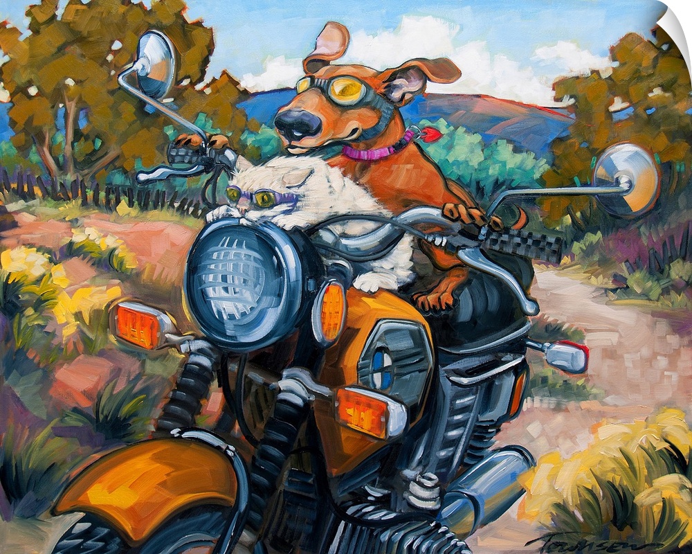 Thick brush strokes create a humorous scene of a dog and cat riding a motorcycle.