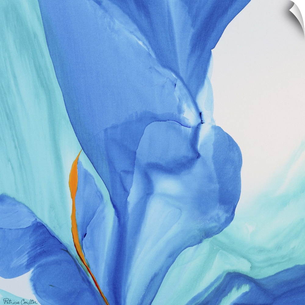 Contemporary abstract painting using tones of blue to make sinuous and smooth strokes of colors.