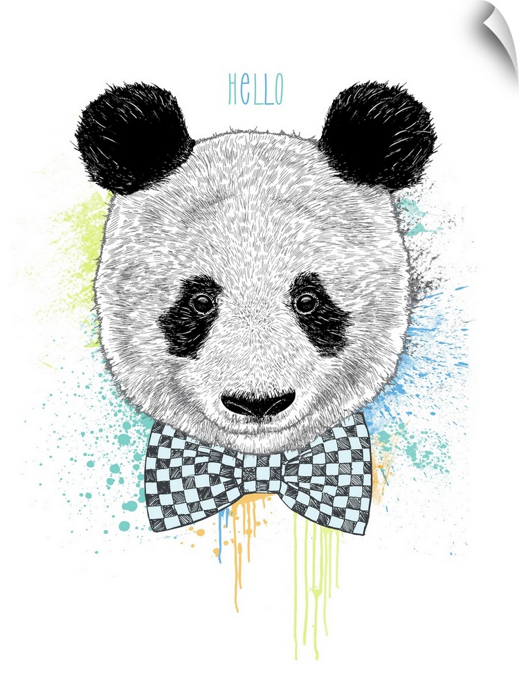 A digital illustration of a panda with a bow tie against splashes of color and "Hello" above.