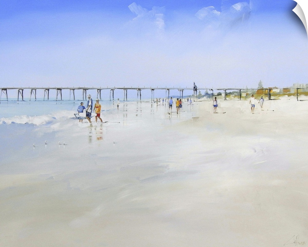 Painting of people walking on a sandy beach with a pier in the distance.