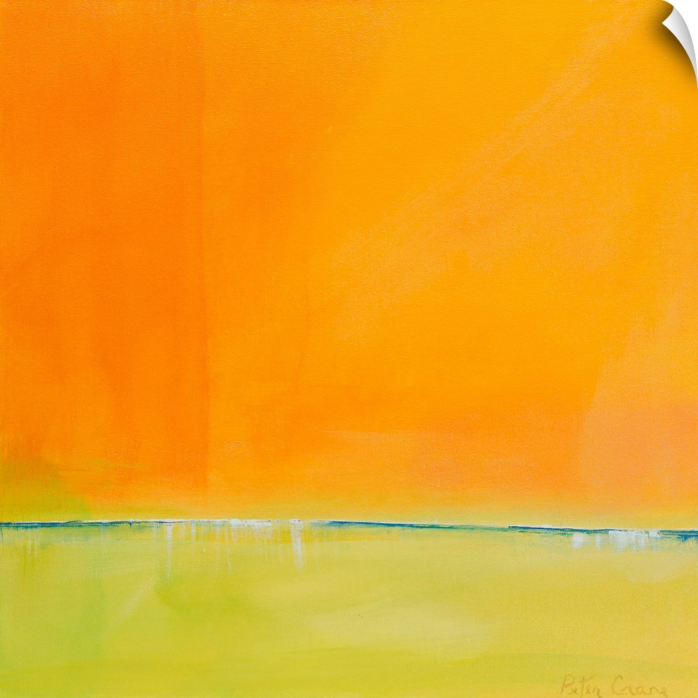 Contemporary abstract painting in bright orange and yellow-green.