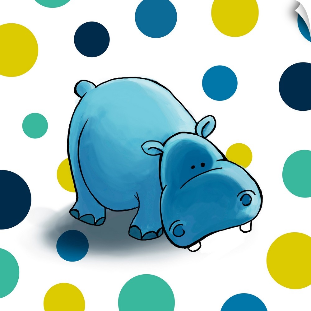 Digital illustration of a hippo on a polka dot background.