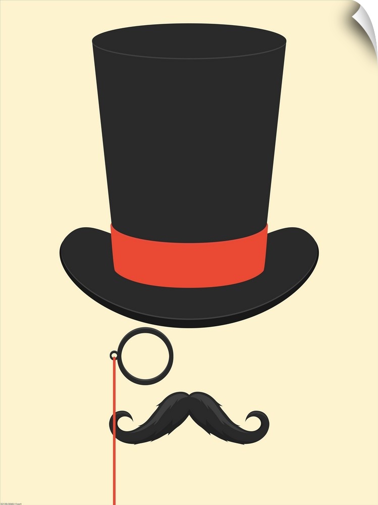 Illustration of a mustache, top hat and monocle.