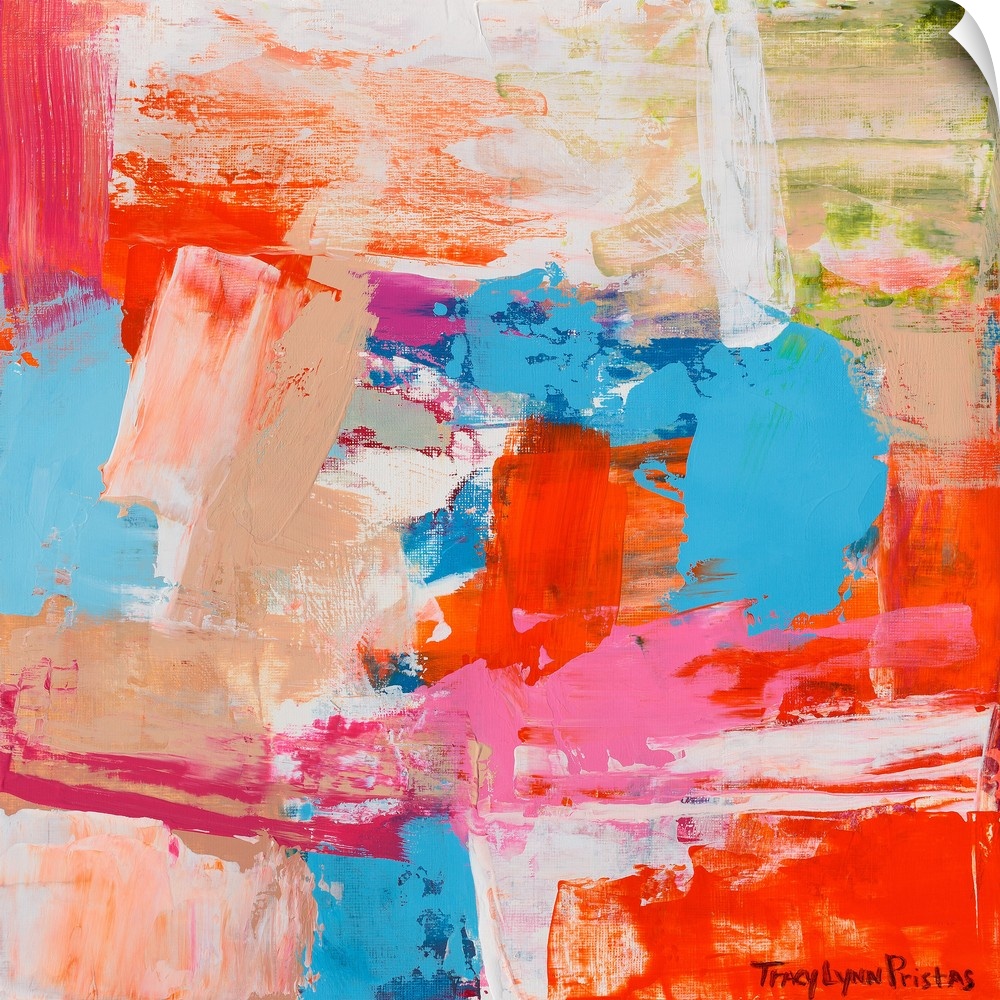 A square abstract painting of textured bright colors.