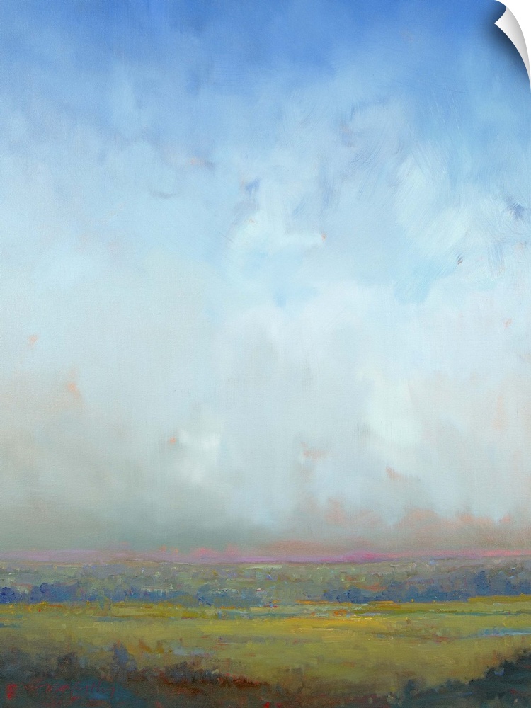 Contemporary landscape painting of a green field with towering clouds in the sky above.