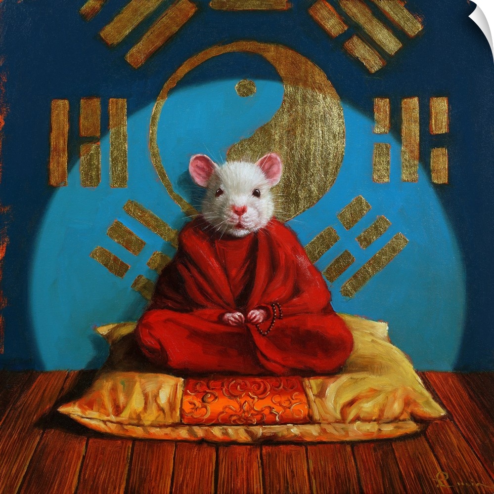 A contemporary painting of a mouse meditating on a cushion.
