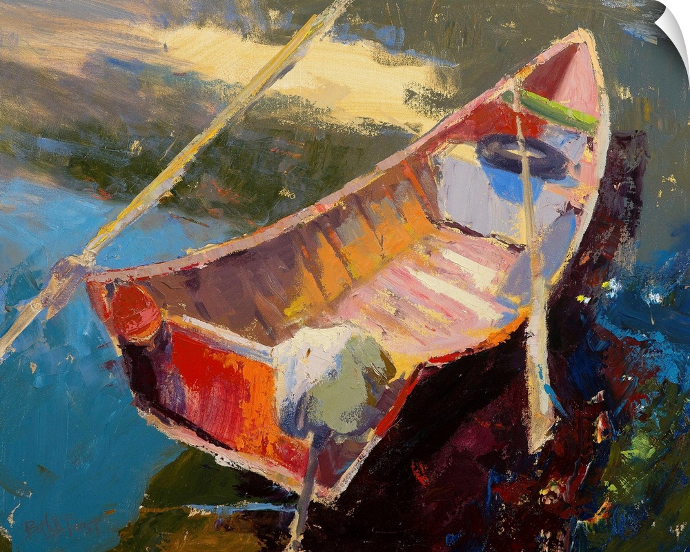 A contemporary coastal themed painting of a row boat sitting in still water.