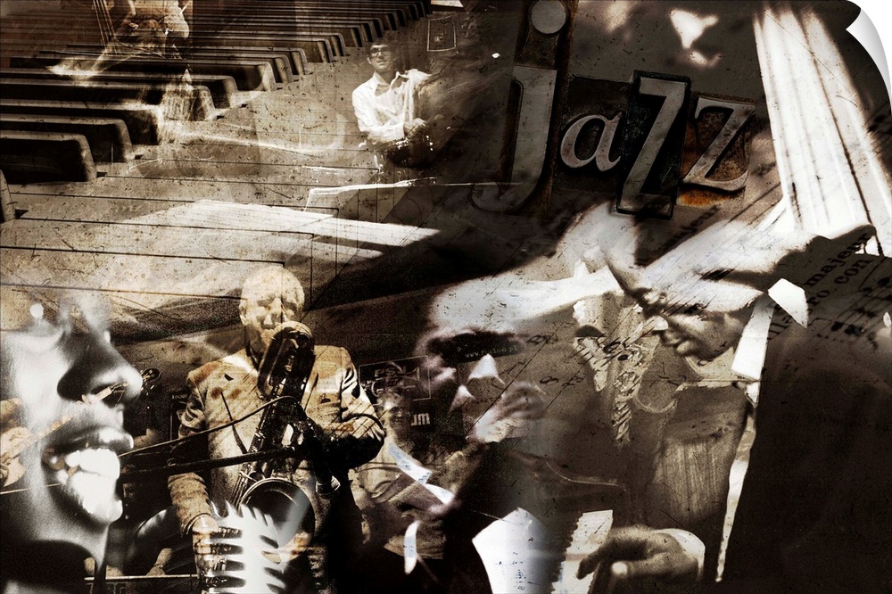 A horizontal collage of jazz musicians.