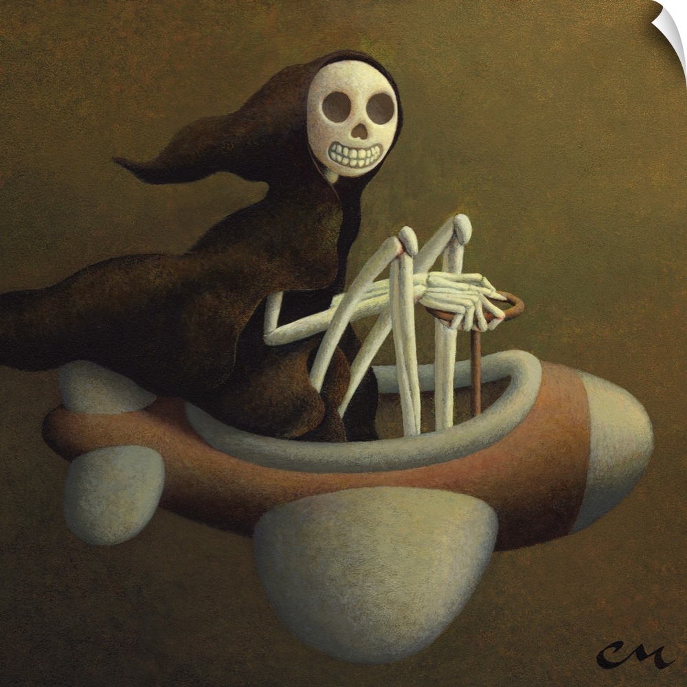 Humorous painting of a skeleton taking a joy ride on an airplane.