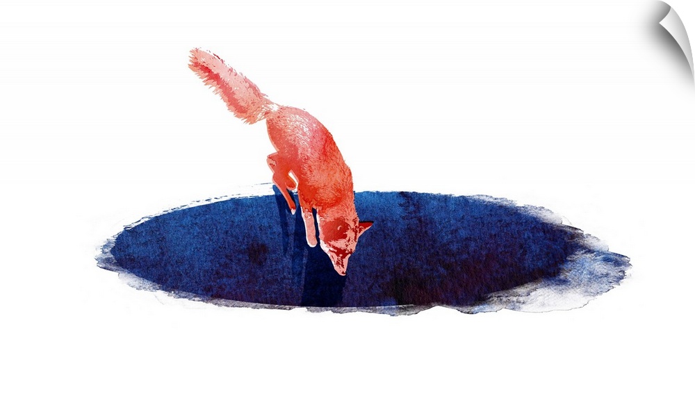 Contemporary artwork featuring a red fox leaping into a blue hole.