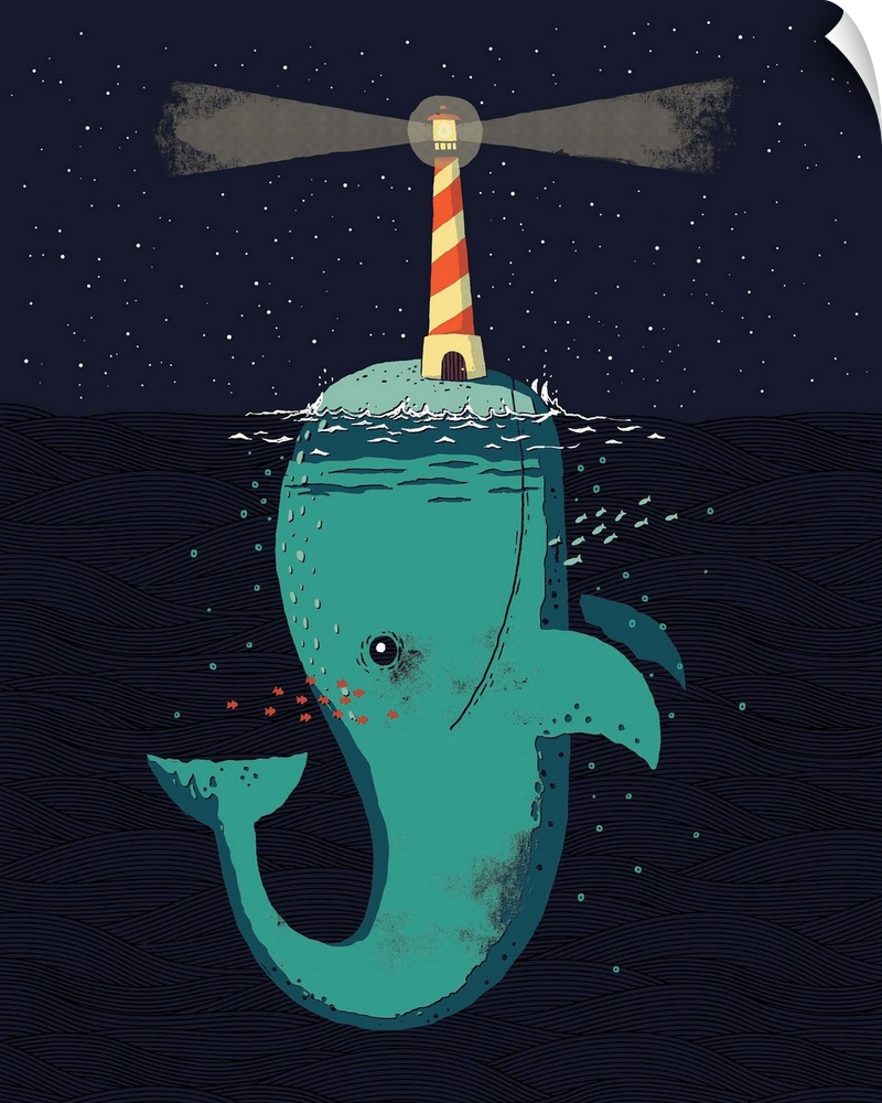Decorative artwork featuring a whale holding up a lighthouse to mimic the shape of a narwhal.