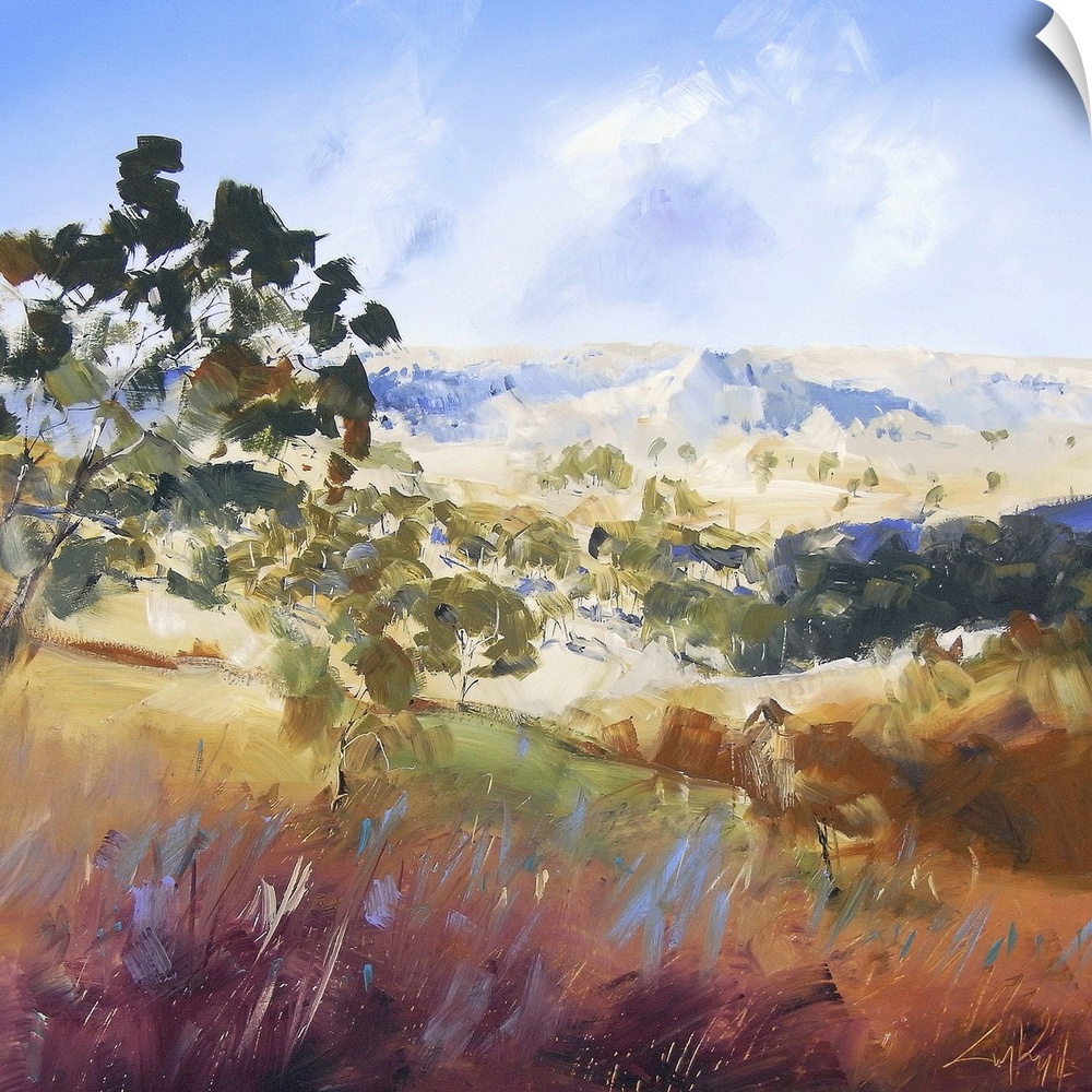 Contemporary painting of a valley landscape with trees and mountains in the distance.