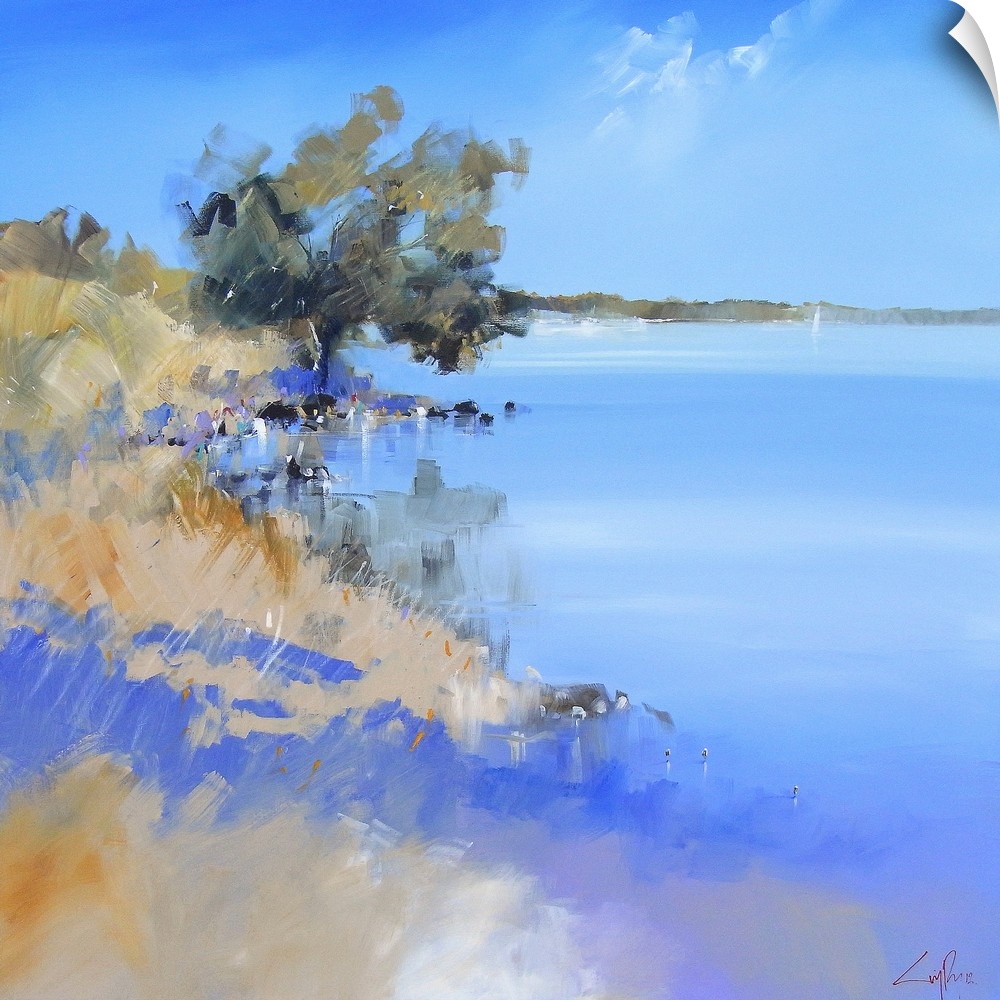 Contemporary painting of a lake shore with a tree growing near the edge.