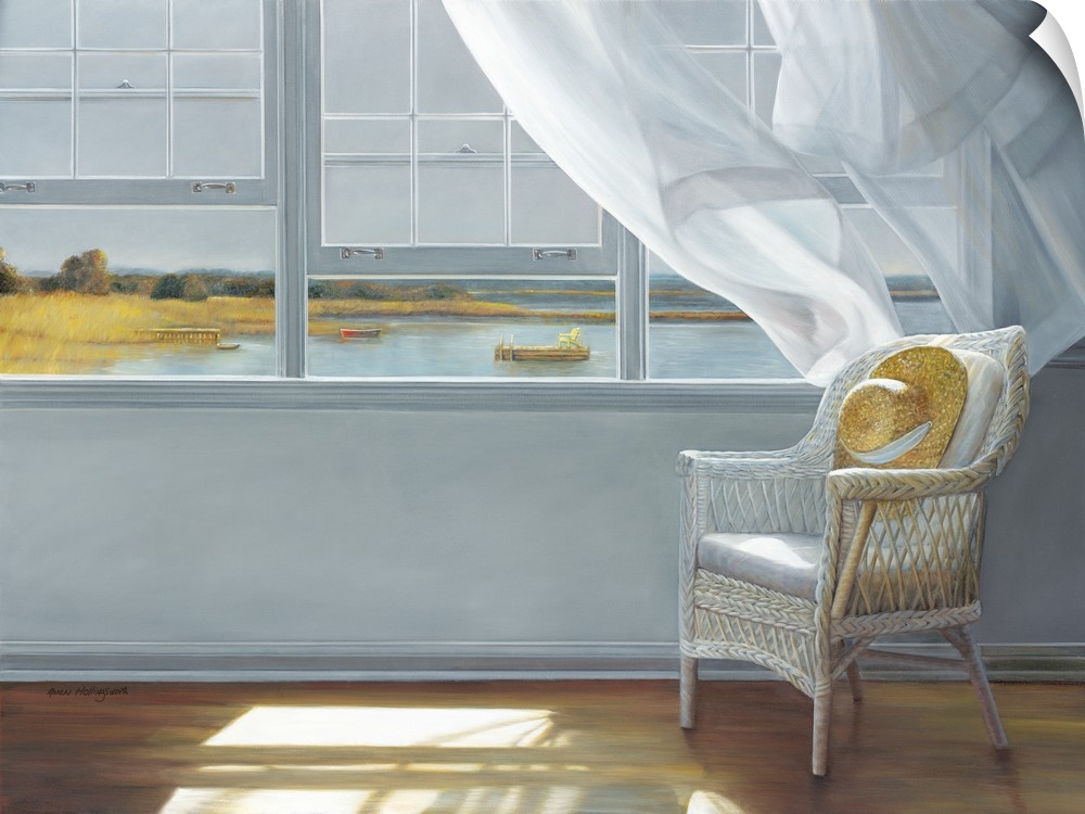 Contemporary still life painting of a hat on a chair next to an open window with a white curtain and the lake outside.
