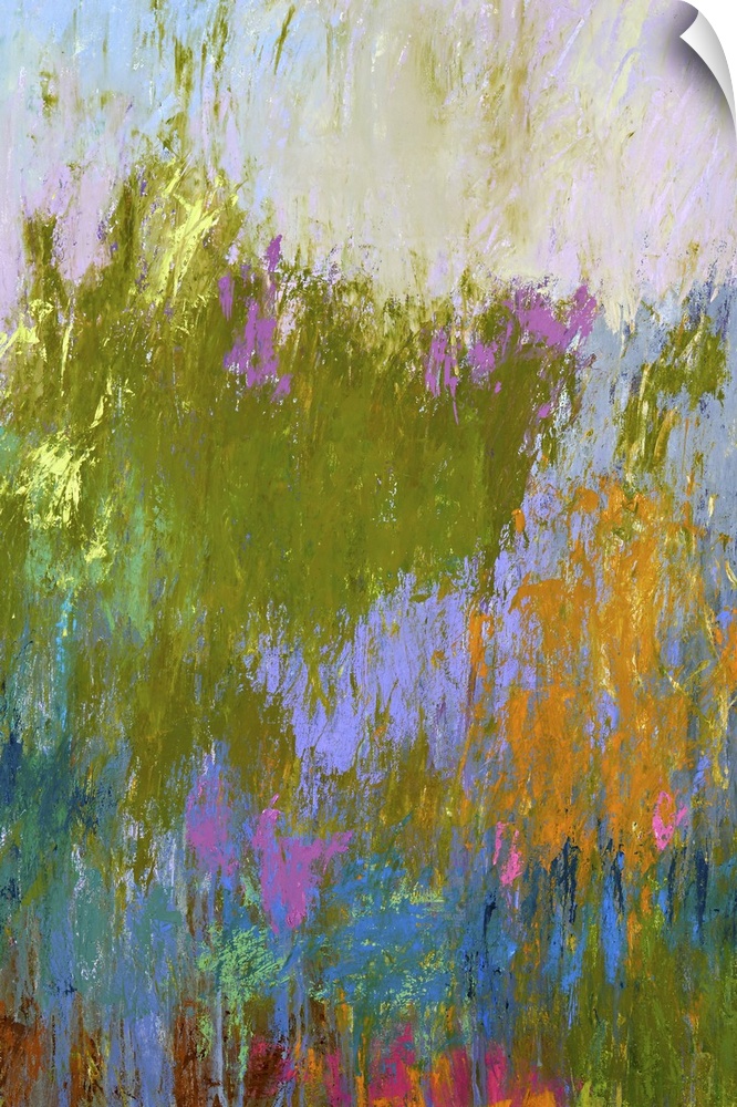 Contemporary abstract painting in shades of lavender and green.
