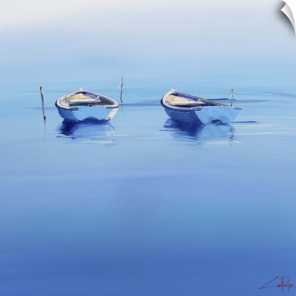 Contemporary painting of two boats floating on the calm ocean.