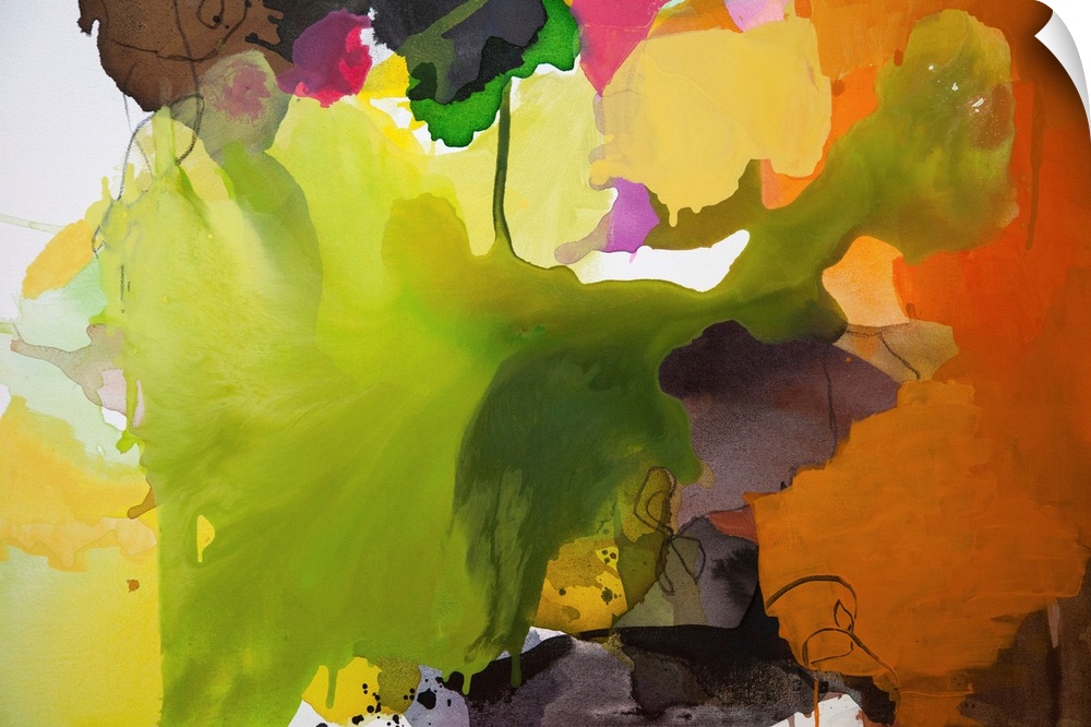 Contemporary abstract painting with a leaf-like shape in the center surrounded by various colors.