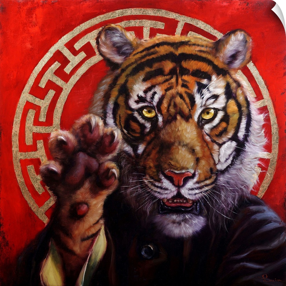 A painting of a tiger with his claw outstretched.