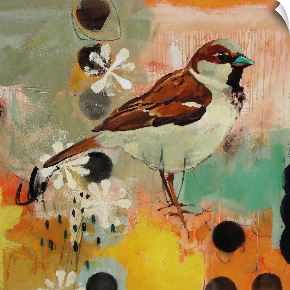 A contemporary painting of a brown and tan bird against a colorful abstract background.