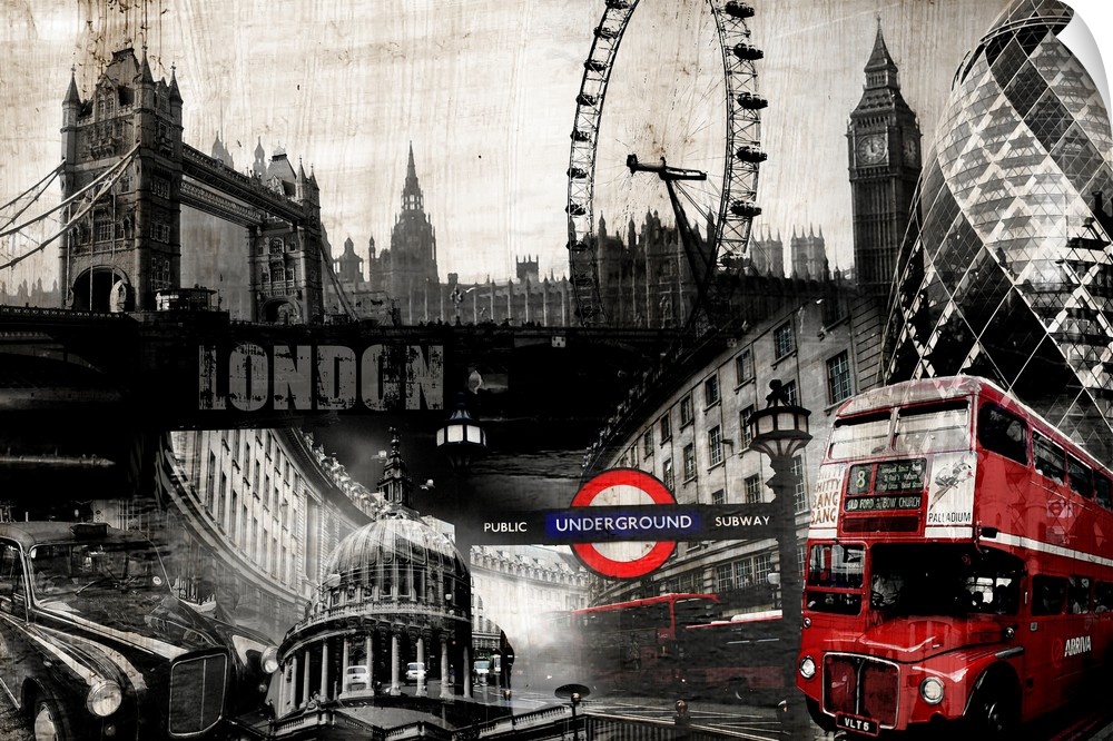 Image composite of landmarks in London, England, including the London Eye and the Tower of London.