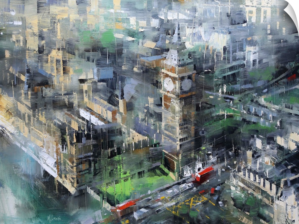 Contemporary painting of Big Ben and the Houses of Parliament in London, seen from above.
