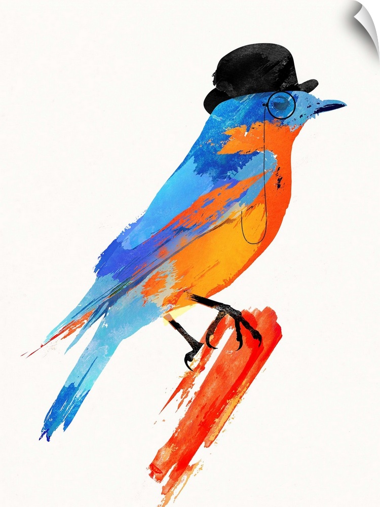 Decorative artwork of a stylish bird wearing a monocle and bowler hat.