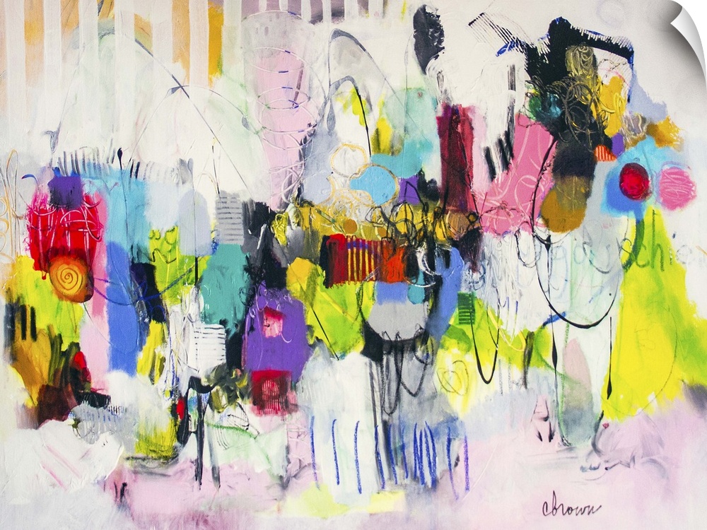 Contemporary abstract painting using bright vibrant neon splashes of color against a soft pink and white background.