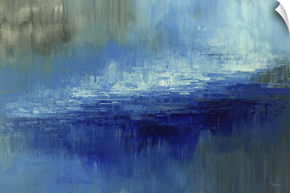 Contemporary abstract painting in tropical blue shades.