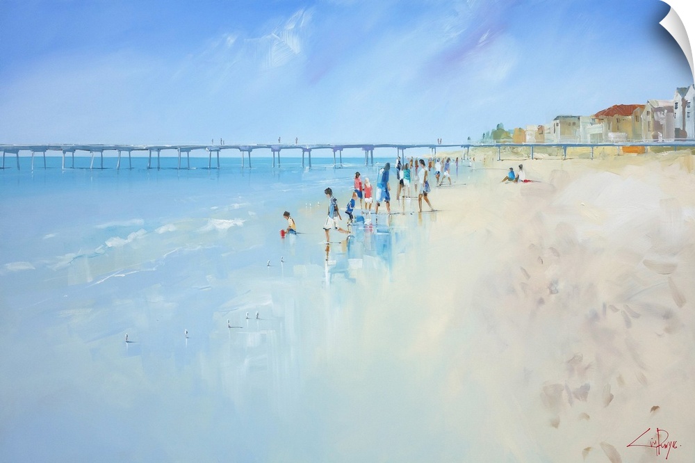 Painting of people playing in the ocean at low tide.